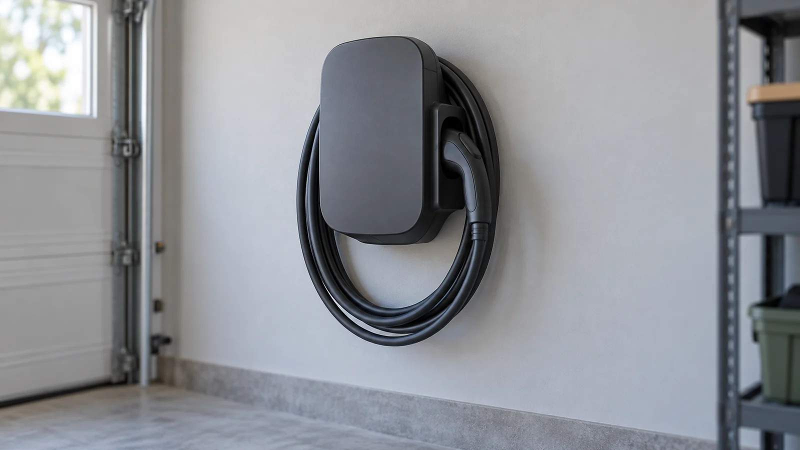 Closed wall-mounted EV charging unit with its cable neatly stored in a residential garage.