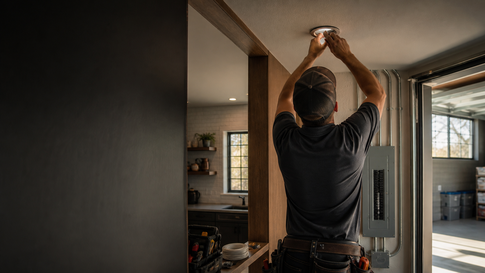 Electrician completing residential recessed lighting work